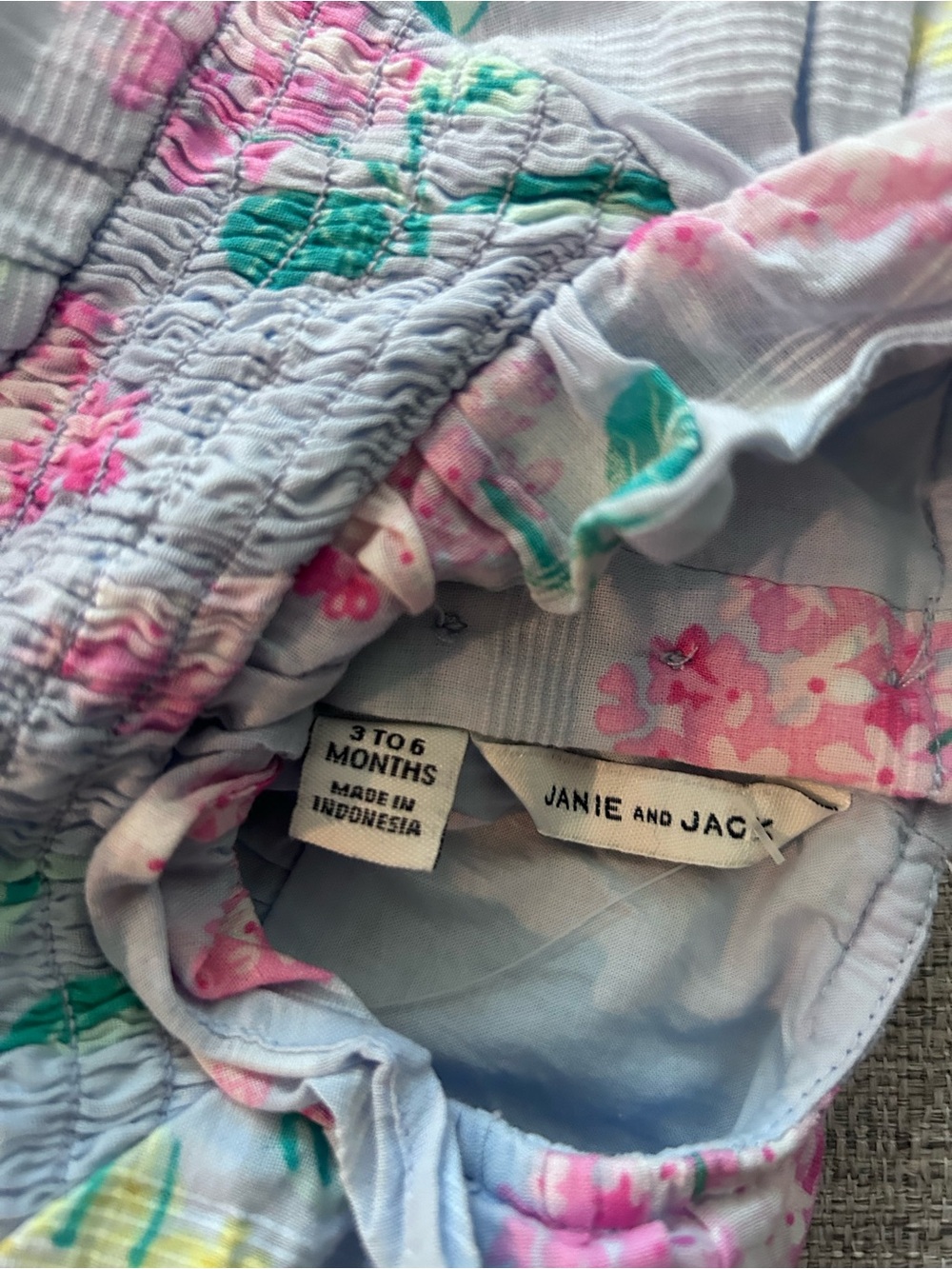 Janie and Jack Light Blue Smocked Floral Dress with Pink Accents. Size 3-6M - Picture 7 of 8